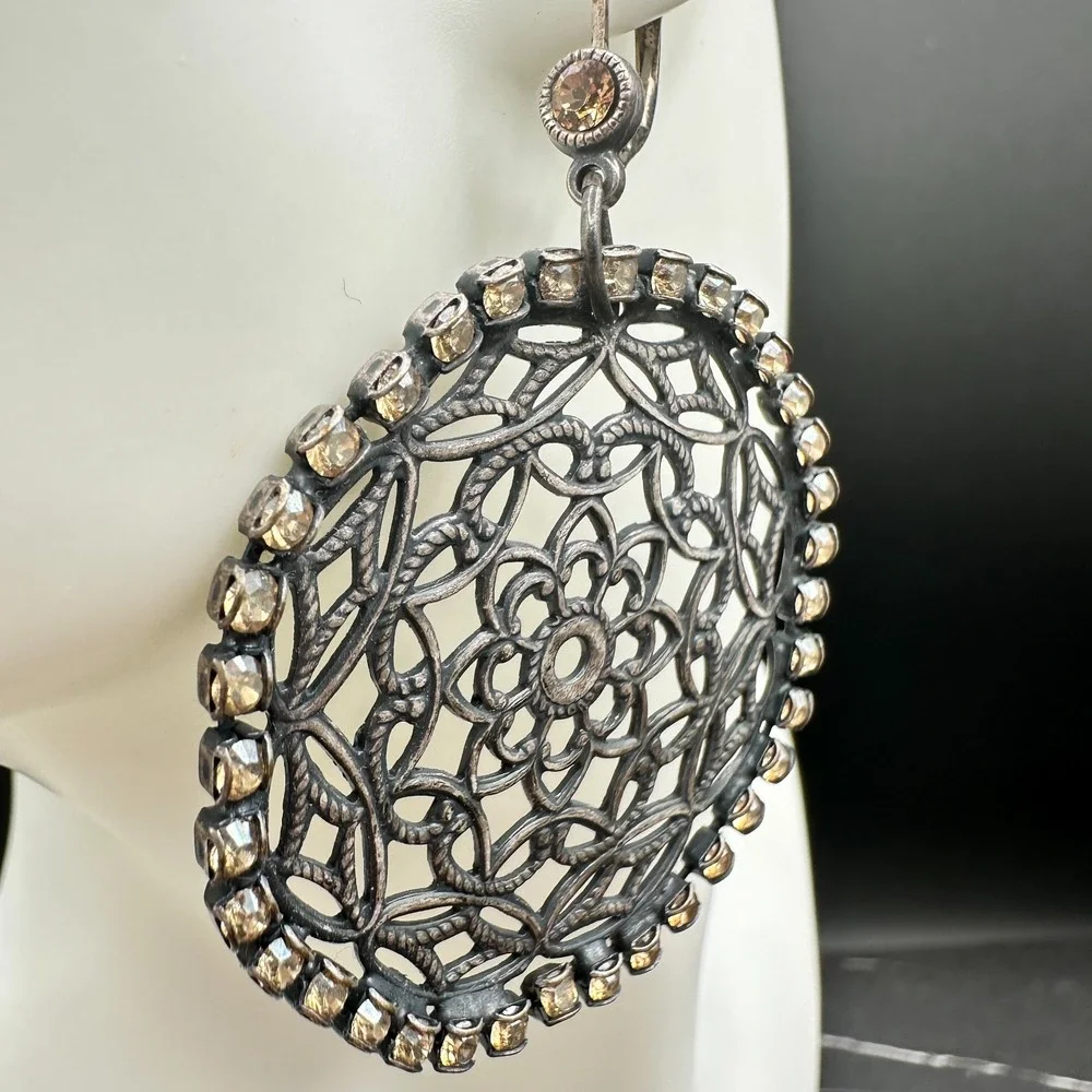 VTG‎ Oxidized Dangle Earrings Brown Rhinestone Filigree Flower Circle Statement